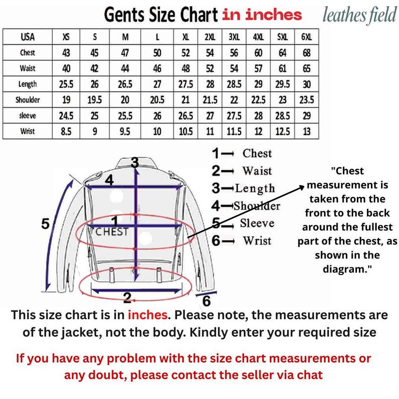 May include: A size chart for a jacket, labeled "Gents Size Chart in inches." Measurements include chest, waist, length, shoulder, sleeve, and wrist, ranging from XS to 6XL. Diagram shows how to measure chest.