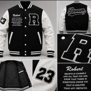 Custom Varsity Letterman Jacket Black Wool White Leather Sleeves Personalized Chenille Patch College Style Jacket