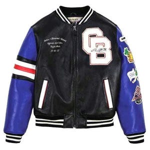 May include: Black and blue varsity jacket with white accents. Features a black body, blue sleeves with patches, and white stripes on the cuffs and hem. Includes a large "CB" patch and text on the chest.