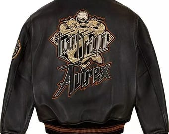Avirex Black Leather Varsity Jacket Dragon Embroidery Edition Cowhide Streetwear