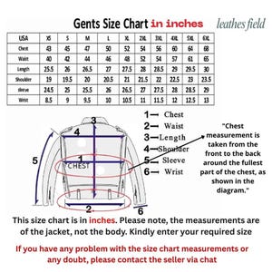 May include: A size chart for men's jackets, with measurements in inches. The chart includes chest, waist, length, shoulder, sleeve, and wrist sizes, ranging from XS to 6XL. The image also includes a diagram illustrating how to measure the chest.