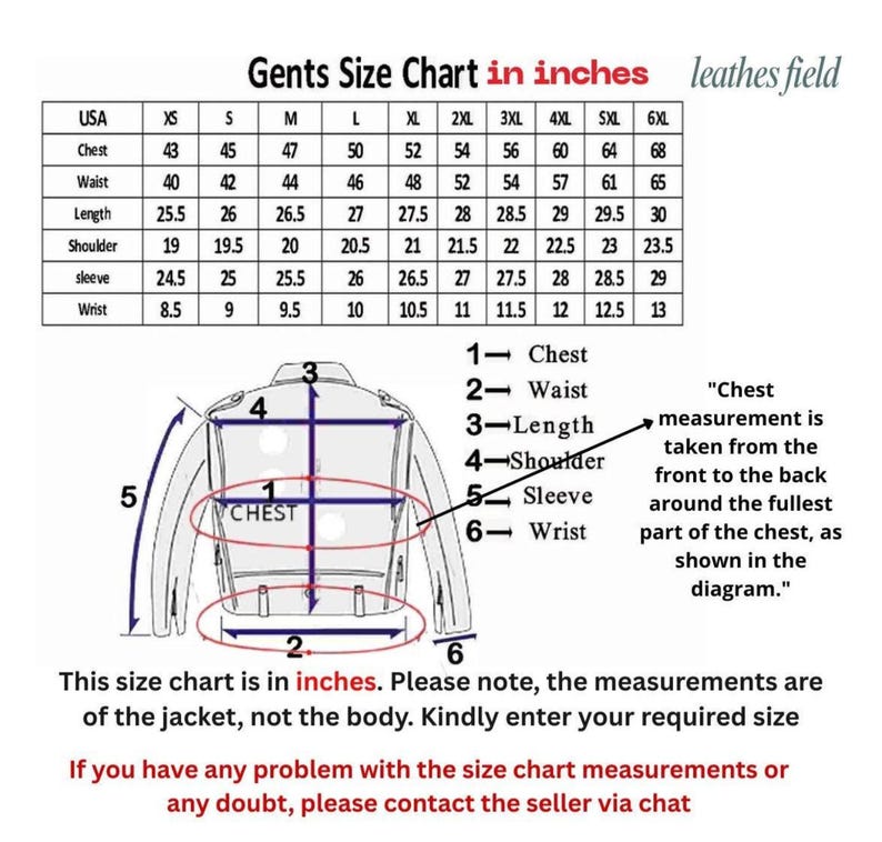 May include: A size chart for men's jackets, with measurements in inches. The chart includes chest, waist, length, shoulder, sleeve, and wrist sizes, ranging from XS to 6XL. The image also includes a diagram illustrating how to measure the chest.
