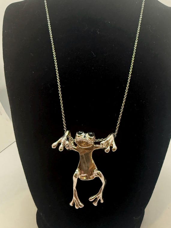 Sweet Solid Sterling Silver Hanging Frog and neck… - image 1