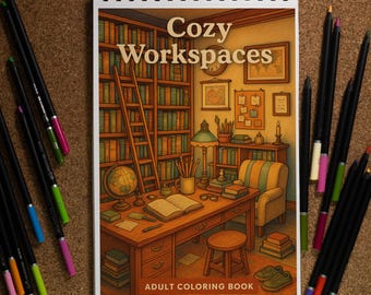 Cozy Workspaces Coloring Pages – Printable PDF | 66 Pages | Whimsical Line Art for Adults