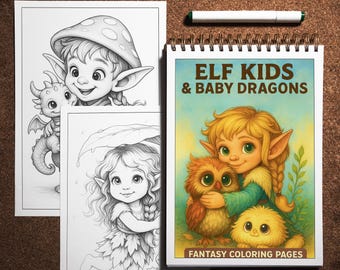 Elf Kids & Baby Dragons Coloring Pages: 30 Whimsical Fantasy Art (PDF Pattern)