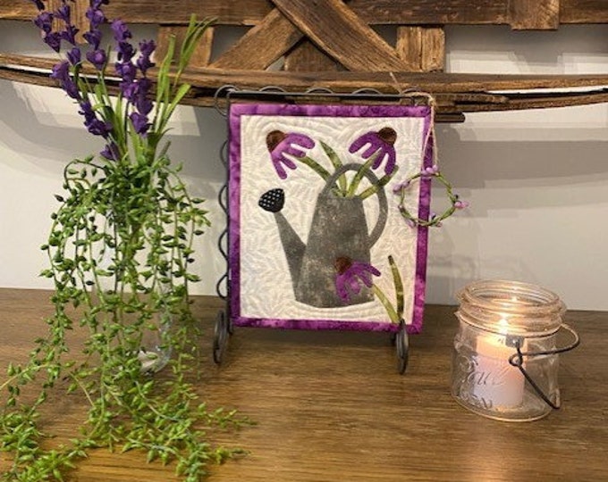 Appliqued Mini Quilt / Table Stand Quilt / Appliqued Coneflowers in a