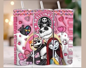 Nightmare Christmas 20oz Skinny Tumbler PNG, Break Through Christmas Wrap Design, Holiday Couple Tumbler Sublimation Digital File