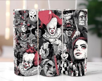 Horror movie characters 20 oz skinny tumbler wrap, Killer friend Halloween tumbler, Scary movie png, Scary horror tumbler sublimation design