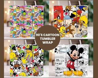90s Tumbler Wrap Bundle, Instant Download 20oz Tumbler PNG Wraps Design, Digital 90 s Cartoon 20 oz Skinny Tumblers Designs Template