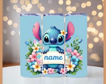 Custom Name Stitch Floral Tumbler Wrap Glitter Stitch Design for 20oz Skinny Tumbler Personalized PNG Floral & Glitter Tumbler Wrap Download