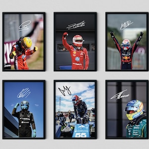 Puede incluir: Un conjunto de seis impresiones fotográficas enmarcadas que muestran a pilotos de Fórmula 1 con equipo de carreras, incluyendo cascos y trajes, con firmas blancas superpuestas en cada imagen. La colección muestra momentos de carrera.