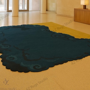 Abstract Cloud Border Hand Tufted Wool Rug – Modern Artistic Carpet with Swirling Pattern in Blue & Green Tones, Contemporary Area Rug