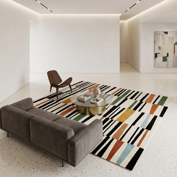 Modern Striped Area Rug, Multicolor Geometric Design, Hand Tufted, Contemporary Boho Home Decor