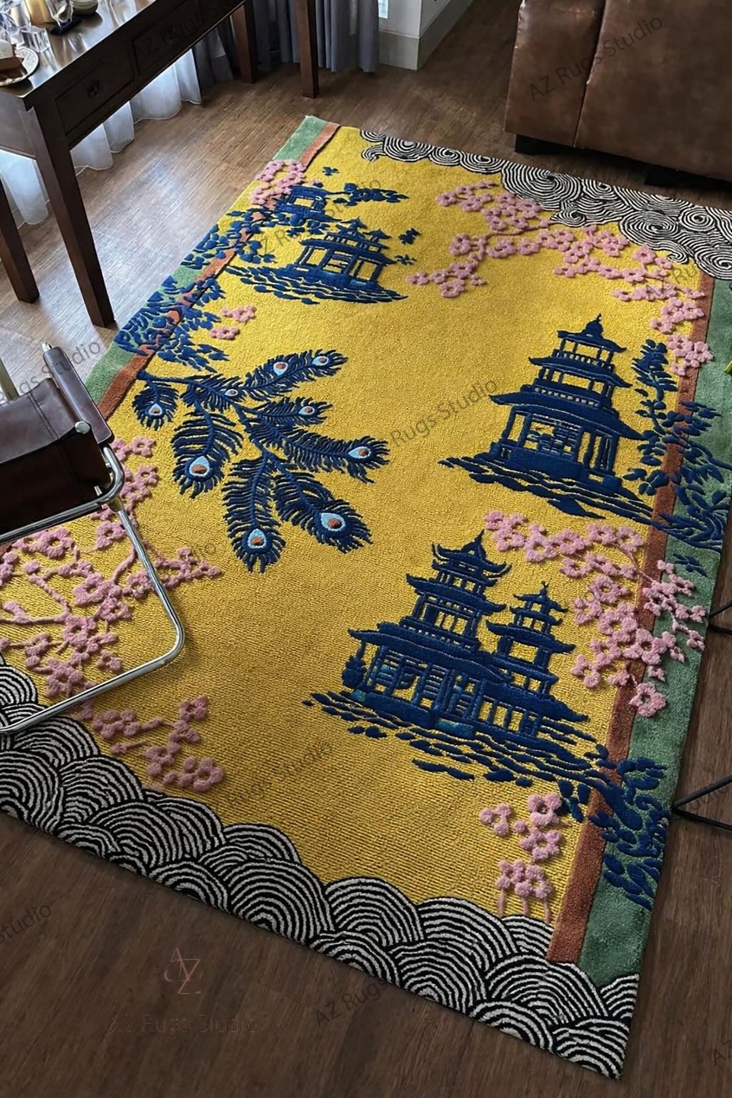 Hand Tufted Pagoda Garden Rug, Japanese Cherry Blossom Rug, Yellow ...