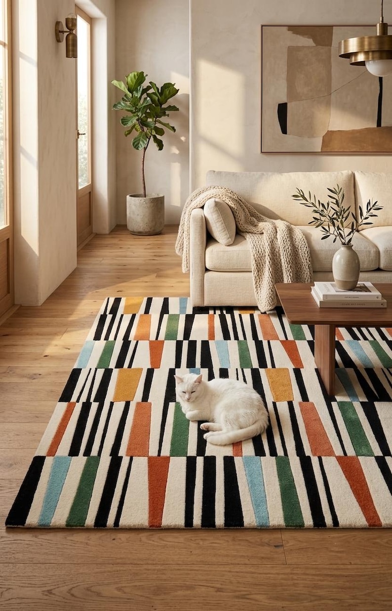 May include: A rectangular area rug featuring a geometric pattern of vertical black stripes interspersed with solid blocks of orange, green, and light blue on a cream background, with a white cat resting in the center of the rug surface.