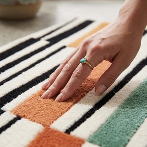 May include: A rectangular rug featuring a geometric pattern of black, white, burnt orange, and sage green blocks. The rug has a thick, tufted texture with distinct color-blocked sections separated by bold black lines in a grid-like arrangement.
