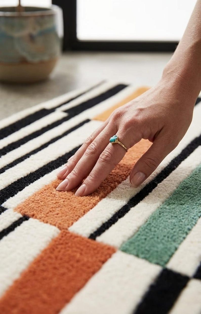 May include: A rectangular rug featuring a geometric pattern of black, white, burnt orange, and sage green blocks. The rug has a thick, tufted texture with distinct color-blocked sections separated by bold black lines in a grid-like arrangement.