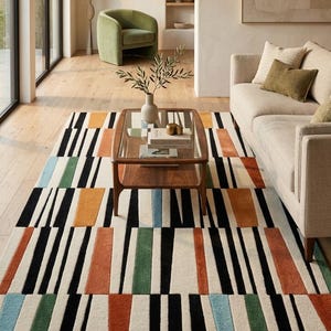 Modern Striped Area Rug, Multicolor Geometric Design, Hand Tufted, Contemporary Boho Home Decor