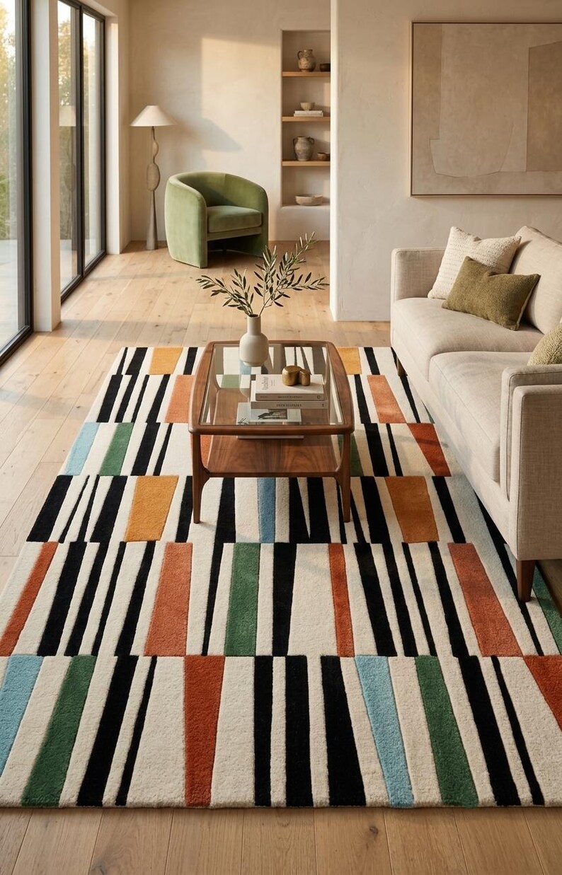 Modern Striped Area Rug, Multicolor Geometric Design, Hand Tufted, Contemporary Boho Home Decor