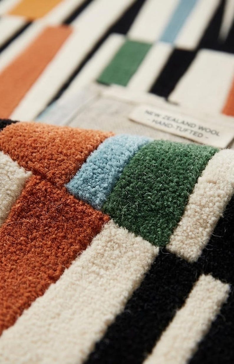 May include: A hand-tufted rug made of New Zealand wool featuring a geometric pattern of rectangular blocks in shades of burnt orange, light blue, forest green, cream, and black. A fabric label reads NEW ZEALAND WOOL - HAND-TUFTED -.