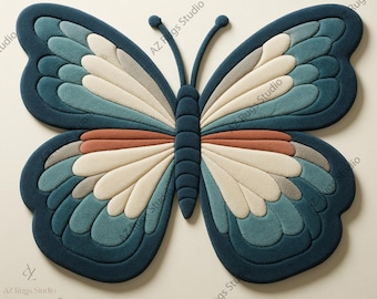 May include: A butterfly-shaped rug featuring a dark blue central body and antennae. The wings are composed of layered segments in shades of dark blue, teal, cream, and a single horizontal band of terracotta orange, creating a symmetrical design.