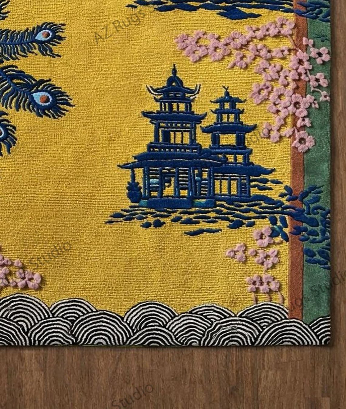 Hand Tufted Pagoda Garden Rug, Japanese Cherry Blossom Rug, Yellow ...