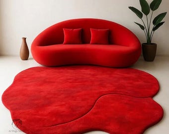 Red Organic Shape Rug, Hand Tufted Wool Statement Area Carpet