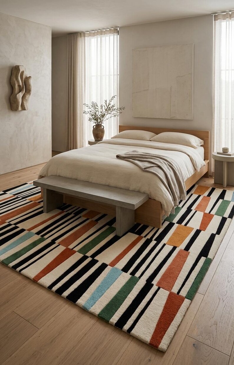 May include: A rectangular area rug featuring a geometric pattern of black, orange, green, and light blue stripes and blocks on a cream-colored background. The rug is positioned on a light wood floor beneath a wooden bed frame and a gray bench.