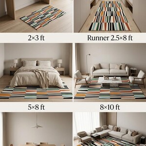 May include: A rectangular area rug featuring a geometric pattern of black, white, orange, and teal stripes. The image displays six different room settings with the rug in sizes 2x3 ft, 2.5x8 ft, 5x8 ft, 8x10 ft, 9x12 ft, and 10x14 ft, labeled Find Your Perfect Size.