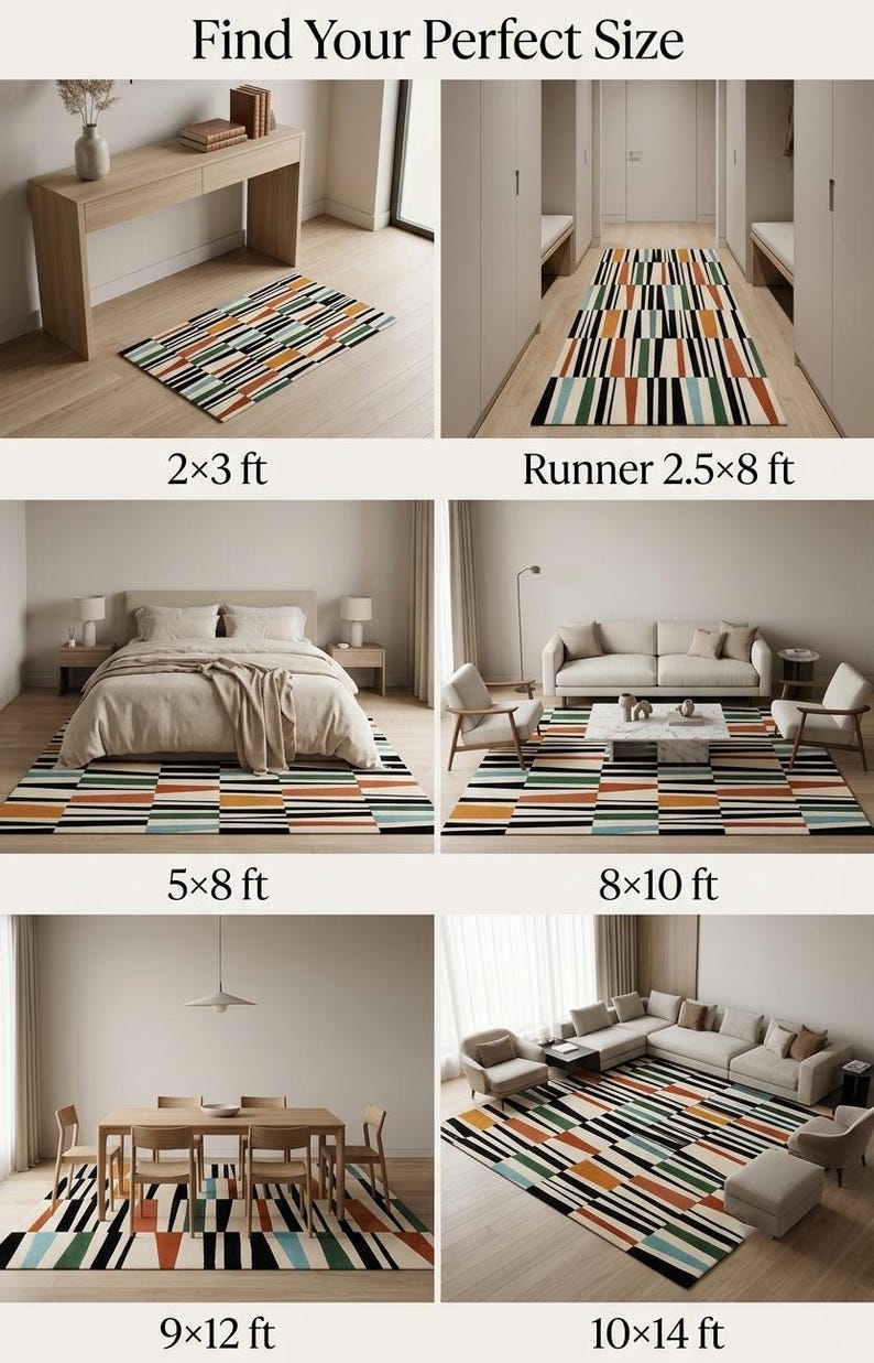 May include: A rectangular area rug featuring a geometric pattern of black, white, orange, and teal stripes. The image displays six different room settings with the rug in sizes 2x3 ft, 2.5x8 ft, 5x8 ft, 8x10 ft, 9x12 ft, and 10x14 ft, labeled Find Your Perfect Size.