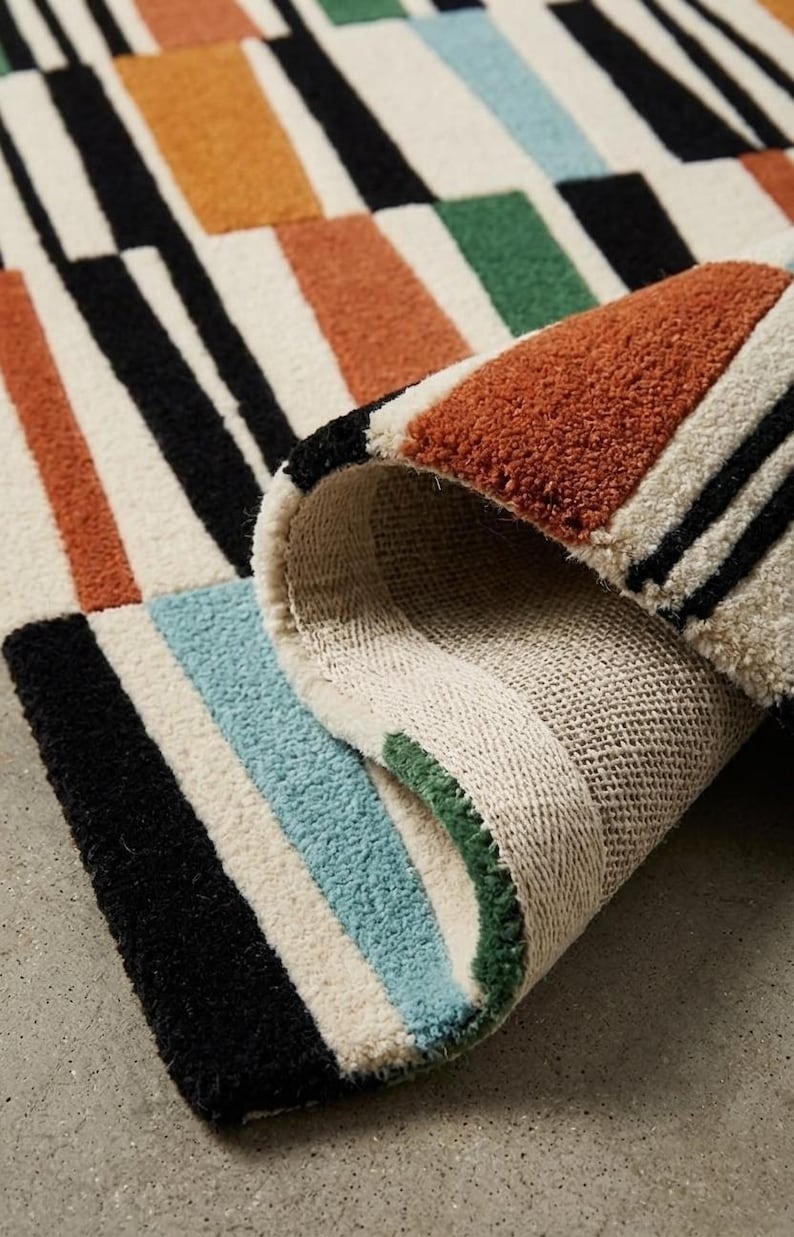 May include: A tufted area rug featuring a geometric pattern of rectangular blocks in black, burnt orange, light blue, and forest green on an off-white background. The rug is folded over to reveal the textured pile and the woven fabric backing.