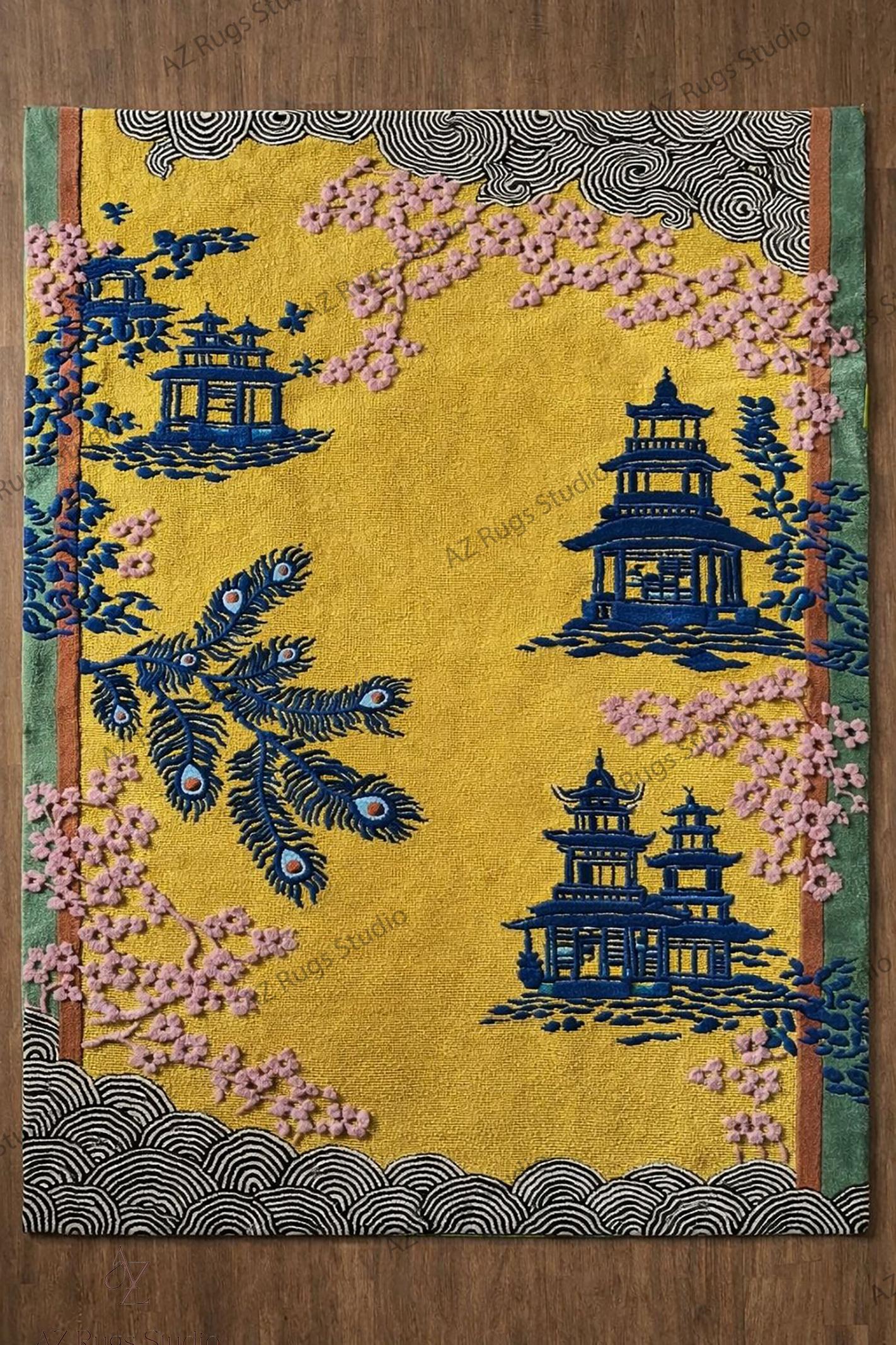 Hand Tufted Pagoda Garden Rug, Japanese Cherry Blossom Rug, Yellow ...