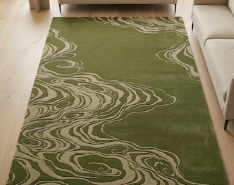 Olive Green Abstract Rug, Modern Wave Area Rug, Contemporary Carpet