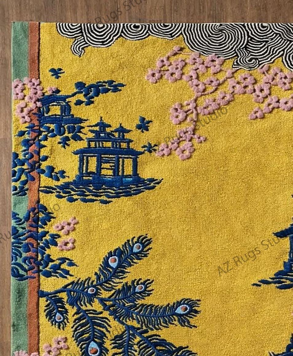 Hand Tufted Pagoda Garden Rug, Japanese Cherry Blossom Rug, Yellow ...
