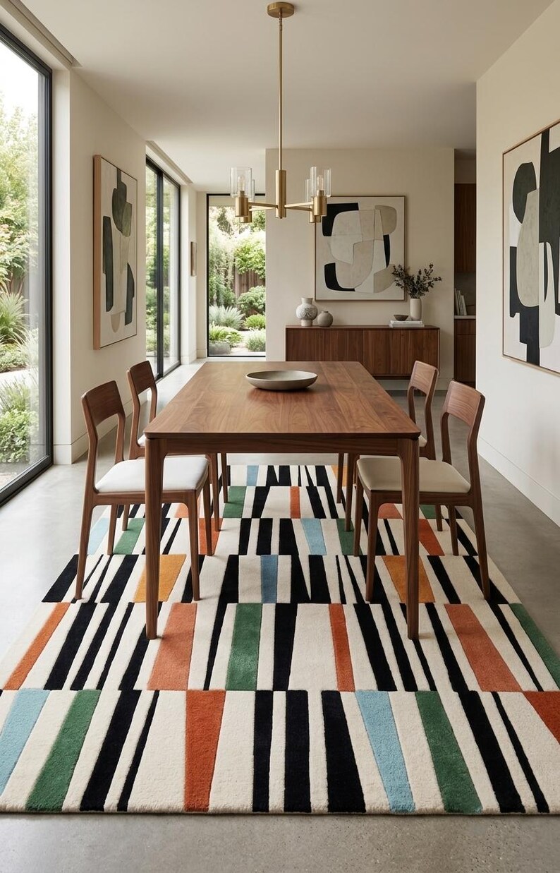 May include: A rectangular area rug featuring a geometric pattern of vertical stripes in black, white, burnt orange, forest green, and light blue. The rug is positioned under a wooden dining table with four matching chairs with white seats.