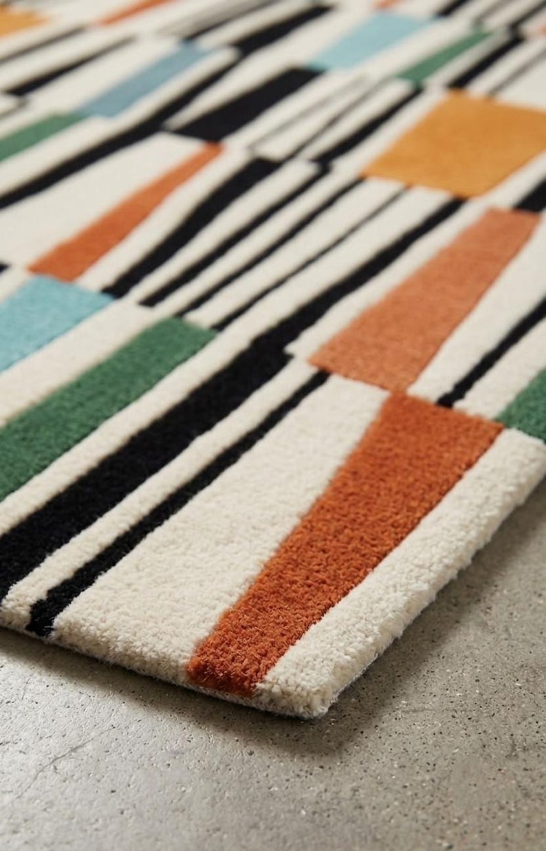 May include: A rectangular area rug featuring a textured, tufted surface with a geometric pattern of black, white, orange, green, and light blue blocks and stripes. The design consists of varied rectangular shapes arranged in a repeating layout.