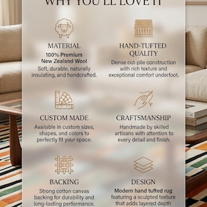May include: A rectangular infographic with a frosted overlay titled WHY YOU'LL LOVE IT. It lists features: 100% Premium New Zealand Wool material, hand-tufted quality with dense cut-pile, custom made options, artisan craftsmanship, cotton canvas backing, and a modern hand-tufted rug design with sculpted texture.