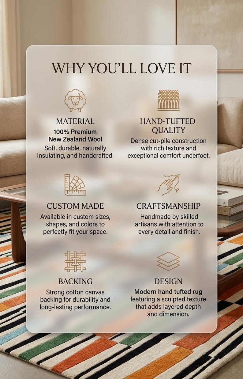 May include: A rectangular infographic with a frosted overlay titled WHY YOU'LL LOVE IT. It lists features: 100% Premium New Zealand Wool material, hand-tufted quality with dense cut-pile, custom made options, artisan craftsmanship, cotton canvas backing, and a modern hand-tufted rug design with sculpted texture.