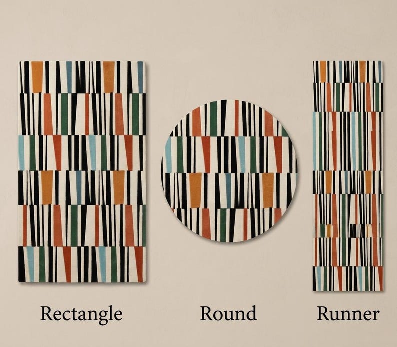 May include: Three rugs in rectangle, round, and runner shapes featuring a repeating pattern of vertical black lines interspersed with solid orange, green, and light blue geometric shapes. The text labels Rectangle, Round, and Runner appear below.