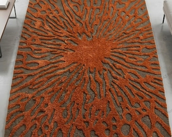 Alfombra abstracta de lana tejida a mano / Alfombra moderna color naranja quemado / Alfombra con diseño orgánico de rayos de sol / Alfombra contemporánea para sala de estar / Tamaño personalizado