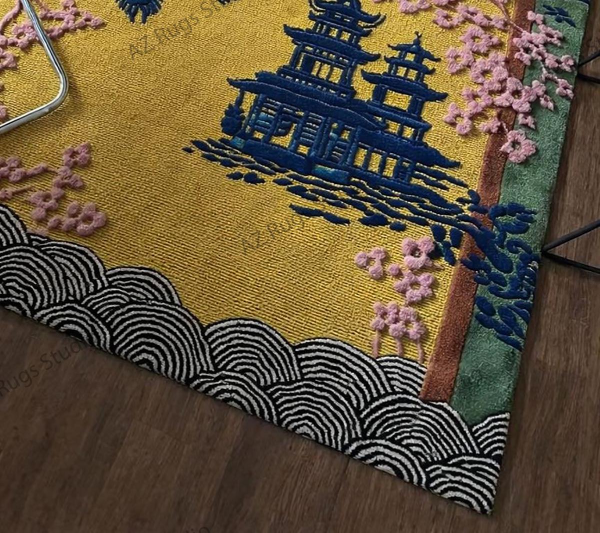 Hand Tufted Pagoda Garden Rug, Japanese Cherry Blossom Rug, Yellow ...