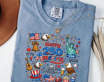 Camiseta Comfort Colors del 250.º aniversario, camiseta del 250.º aniversario de EE. UU. (1776-2026), camiseta patriótica de EE. UU. con garabatos, camiseta del semiquincentenario