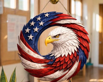 Letrero de madera con águila y bandera estadounidense para la puerta principal, decoración del semiquincenario de Estados Unidos (1776-2026), colgador de puerta de madera patriótico, decoración con orgullo estadounidense.
