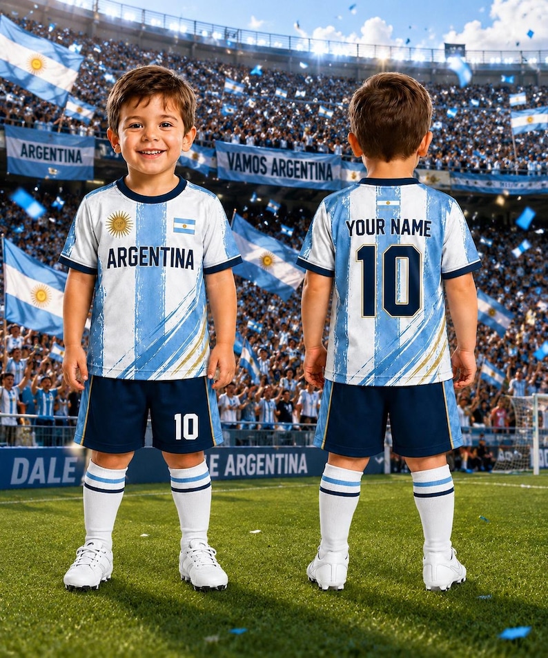 May include: A soccer uniform featuring a white and light blue striped jersey with the text ARGENTINA and a sun emblem on the front, and the text YOUR NAME and the number 10 on the back. The set includes dark blue shorts with the number 10.