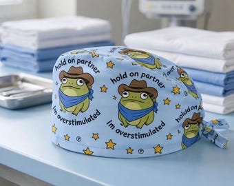 Gorro quirúrgico divertido con estampado de rana vaquera, gorro quirúrgico "Aguanta, compañero, estoy sobreestimulado", regalo para enfermeras y cirujanos, gorro quirúrgico de enfermería cómodo y ajustable.