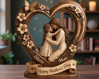 Bloque de madera personalizado con forma de corazón para madre e hija, regalo para madre e hijo, recuerdo familiar personalizado con nombre, regalo para mamá, regalo para el Día de la Madre