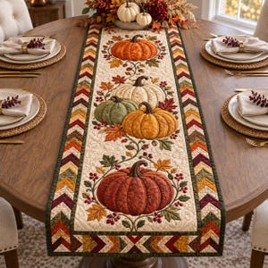 May include: A quilted table runner featuring a central design of various pumpkins in orange, green, and cream, surrounded by autumn leaves and berries. The border consists of a colorful chevron pattern in shades of red, orange, green, and brown.