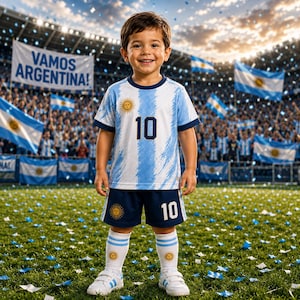 May include: A soccer uniform featuring a white and light blue striped jersey with the number 10 and a sun emblem, paired with dark blue shorts displaying the number 10 and a sun emblem, and white socks with sun emblems and white sneakers.