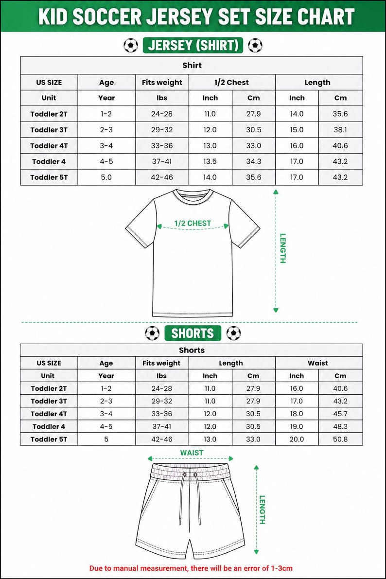 May include: A kid soccer jersey set size chart featuring tables for shirt and shorts measurements. The chart includes US size, age, weight in lbs, and length in inches. It displays a line drawing of a t-shirt and shorts with labeled dimensions.