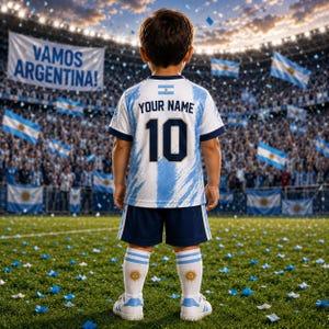 May include: A white and light blue soccer jersey with the text YOUR NAME and the number 10 on the back, paired with dark blue shorts and white socks featuring a sun emblem. The jersey includes a small Argentine flag graphic on the upper back.